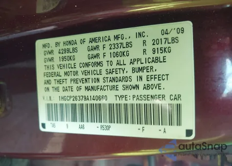 2009 Honda Accord 2.4 Lx из США, поврежденный, VIN 1HGCP26379A140660